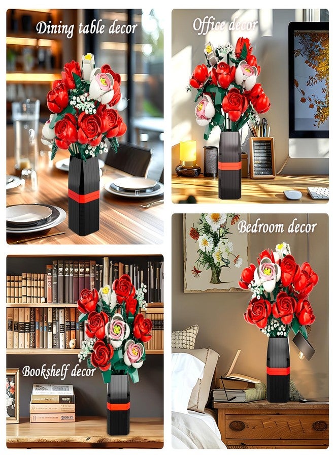 EXCOUP Flower Bouquet Building Set, Artificial Roses Toy Building Set with Vase, Building Blocks Flower Brick Toys, for Home Office Decoratin, Christmas, Mother's Day, or Valentine's Gifts, 841 PCS - Image 5
